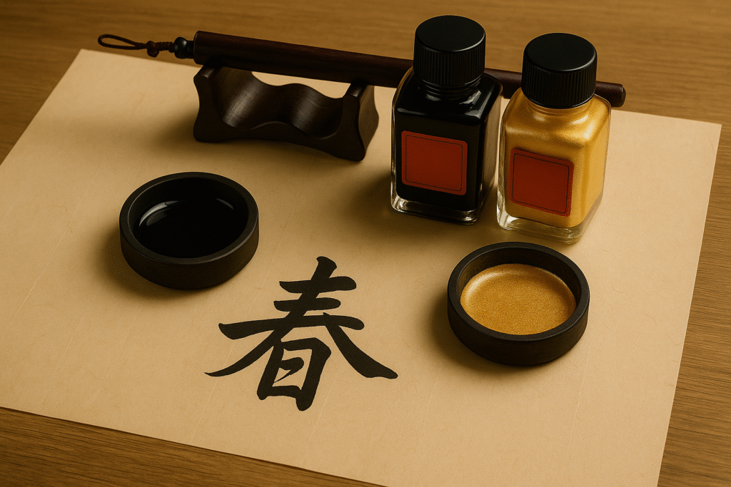 display-image-of-chinese-calligraphy-inks-in-bottle-and-poured-on-dish